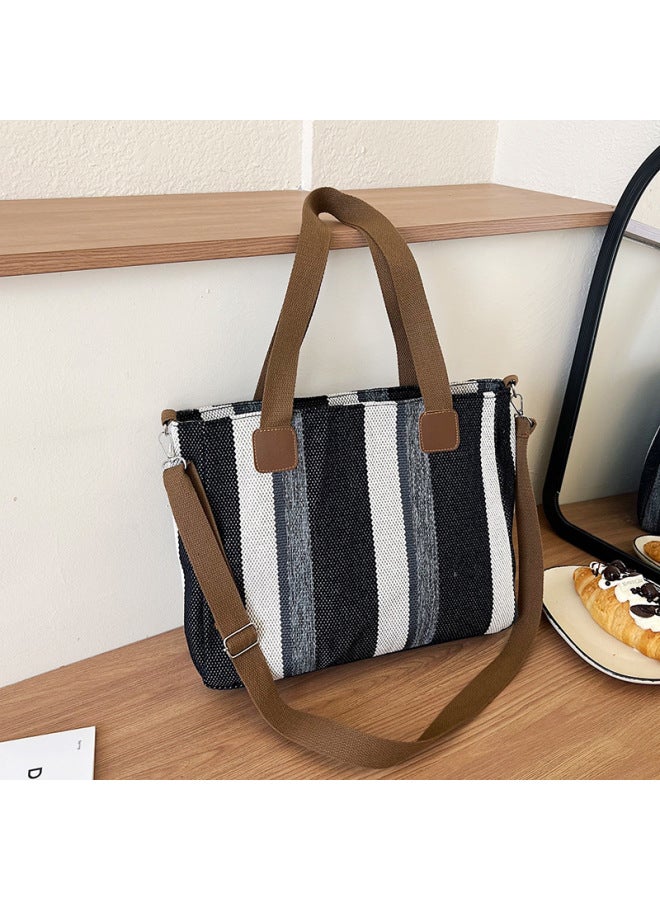 Striped Large Capacity Women's Bag 2024 Fashion Commuter Casual Western Style Portable Tote Shoulder Messenger Bag-Color:Black - Image 1