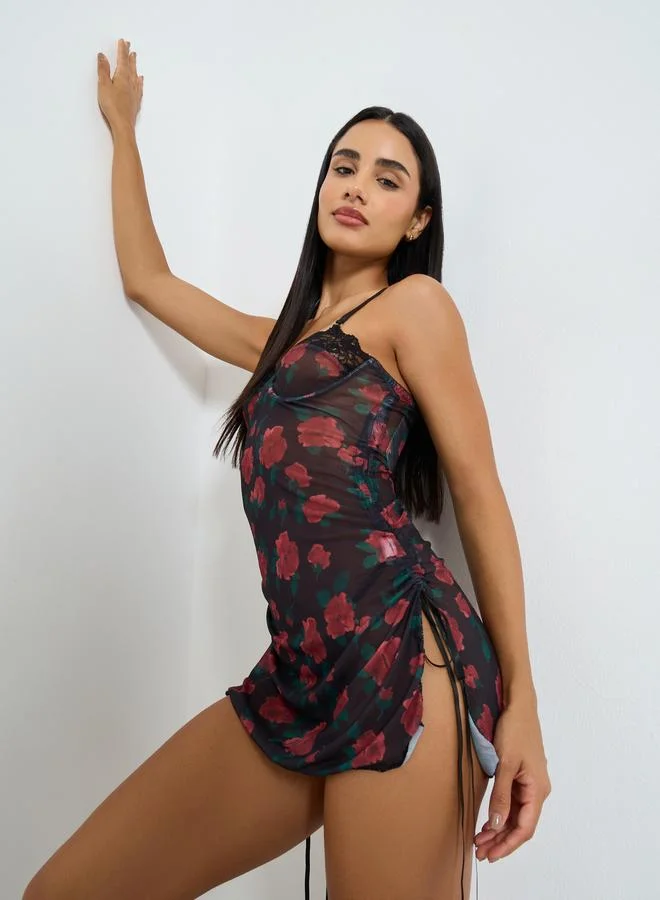 Styli Women Floral Print Short Slip with Lace Detail and Brief Set