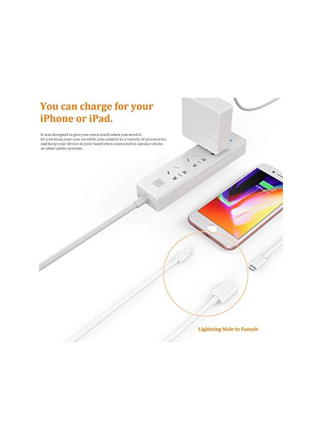 Charger Extension Cable For Iphone Ipad Extender Dock Cable For Male To Female Cable Extension Adapter Pass Video Data Audio 6.6Ft 1M*2 White
