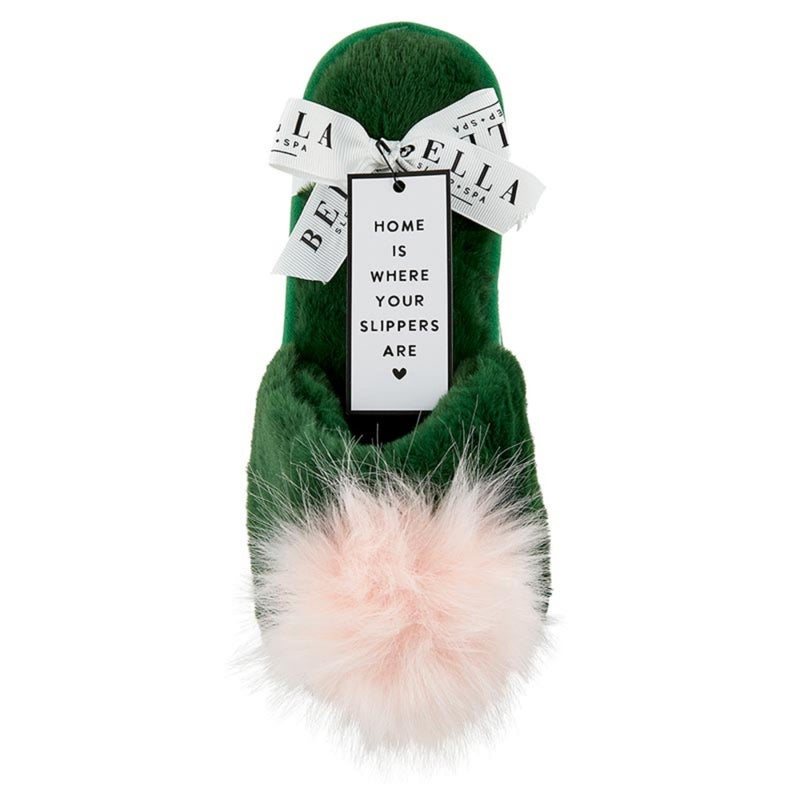 Bella Sleep + Spa Women's Slippers - Soft Plush Luxury House Shoes with Cute Fuzzy Pom-Pom Accent, Open Toe Emerald Green & Pink, Large (US 9-10) - Image 1