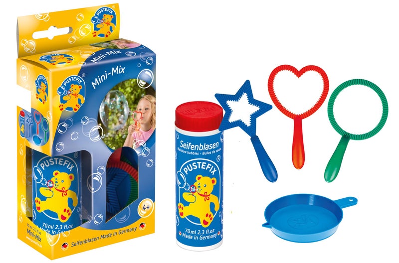 PUSTEFIX Mini Mix Bubble Blowing 3 Wands Toy for Kids Set includes Circle Ring, Heart Ring, Star Ring, Bubble Liquid Tray, and Large 2.35 oz Bubbles Tube,Multicolor - Image 1