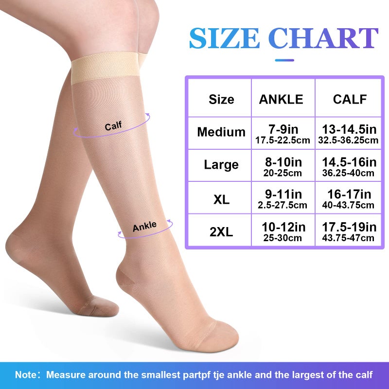 Shellwei 3 Pairs Sheer Compression Socks 20-30 Mmhg Knee High Compression Stockings Support Hose for Women(Medium,Nude) - Image 4