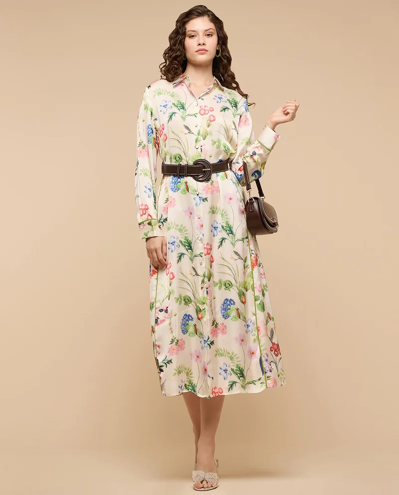 أر أند بي Floral Print Shirt Dress with Long Sleeves