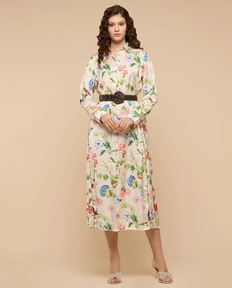 أر أند بي Floral Print Shirt Dress with Long Sleeves