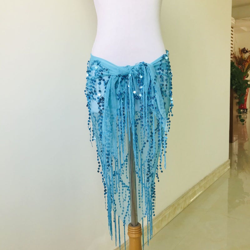 In stock belly dance waist chain beginner Indian dance practice hip towel tassel sequined triangle towel belt performance waist towel Lake Blue
