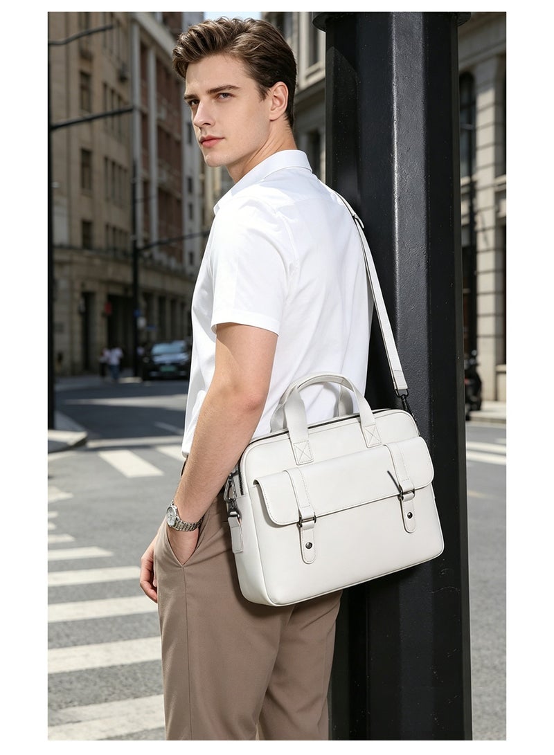 Wisalia Laptop Bag for Men and Women 14 Inch, PU Leather Computer Briefcase, Water Resistant Office Bag, Business Casual Shoulder Bag with Top Handle for Work, Travel and Daily Commute, White - Image 2
