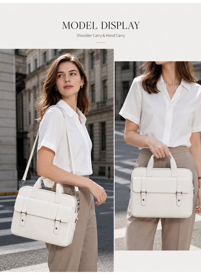 Wisalia Laptop Bag for Men and Women 14 Inch, PU Leather Computer Briefcase, Water Resistant Office Bag, Business Casual Shoulder Bag with Top Handle for Work, Travel and Daily Commute, White - Image 3