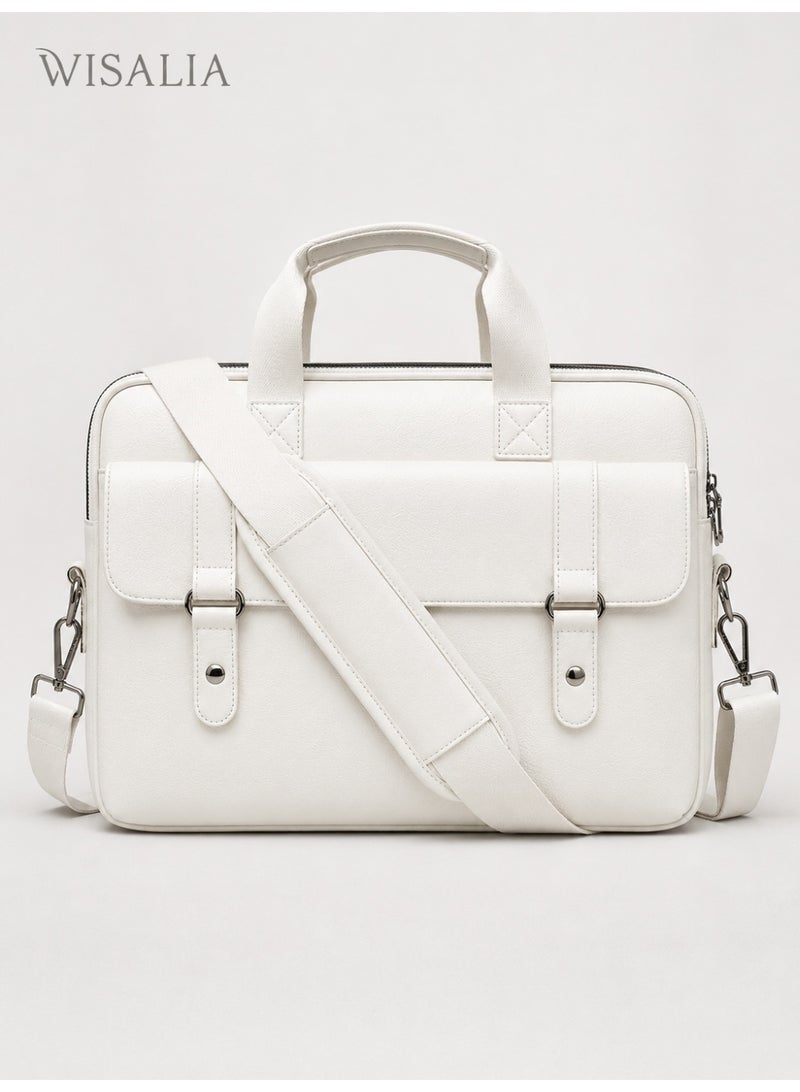 Wisalia Laptop Bag for Men and Women 14 Inch, PU Leather Computer Briefcase, Water Resistant Office Bag, Business Casual Shoulder Bag with Top Handle for Work, Travel and Daily Commute, White - Image 1