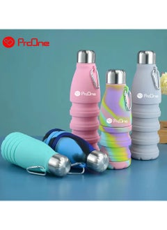 ProOne ProOne Collapsible Water Bottle, Reuseable BPA Free Silicone Foldable Water Bottles for Travel Gym Camping Hiking, Portable Leak Proof Sports Water Bottle with Carabiner 550mL  - Image 5