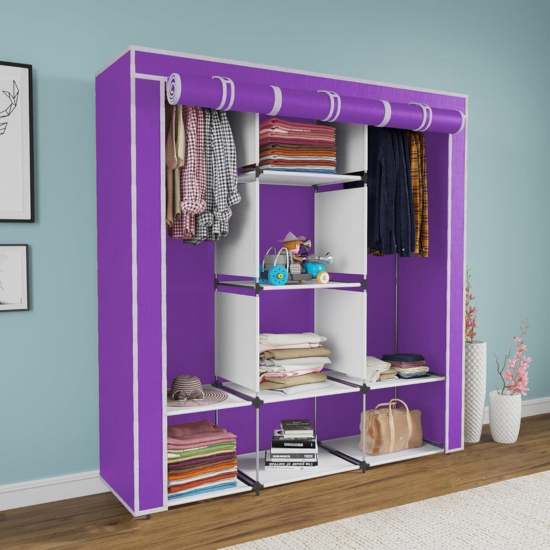 Whitecloud TRANSFORMING HOMES Whitecloud TRANSFORMING HOMES Collapsible Wardrobe Closet for Clothes Almira 2 Hanging Space 8 Shelves NonWoven Fabric 90 GSM 88230 Purple  - Image 1
