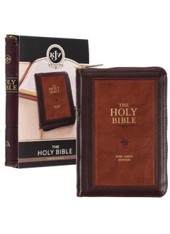 KJV Holy Bible, Compact Faux Leather Red Letter Edition - Ribbon Marker, King James Version, Burgundy/Saddle Tan, Zipper Closure  - Image 2