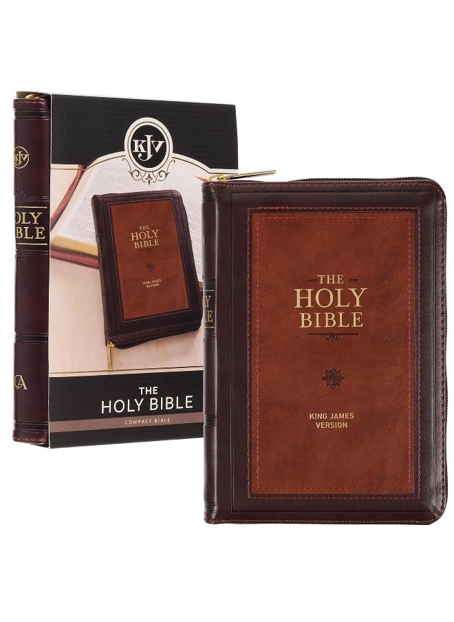 KJV Holy Bible, Compact Faux Leather Red Letter Edition - Ribbon Marker, King James Version, Burgundy/Saddle Tan, Zipper Closure  - Image 2