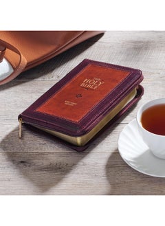 KJV Holy Bible, Compact Faux Leather Red Letter Edition - Ribbon Marker, King James Version, Burgundy/Saddle Tan, Zipper Closure  - Image 5