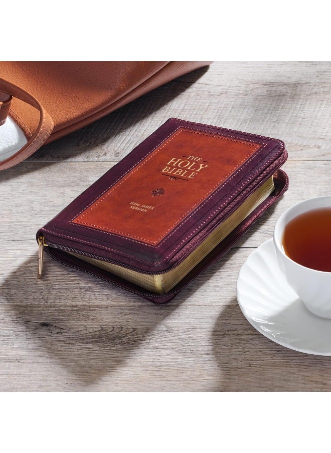 KJV Holy Bible, Compact Faux Leather Red Letter Edition - Ribbon Marker, King James Version, Burgundy/Saddle Tan, Zipper Closure  - Image 5