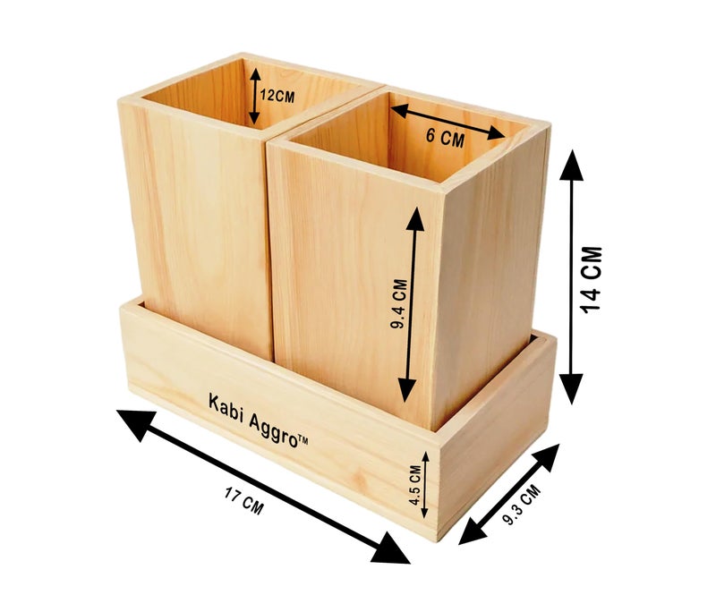 Kabi Aggro Wooden Spoon Stand Cutlery Holder for Kitchen Dining Table, 2 Compartment Kitchen Utensil Organizer with Wooden Tray Natural Pine Wood - Image 3