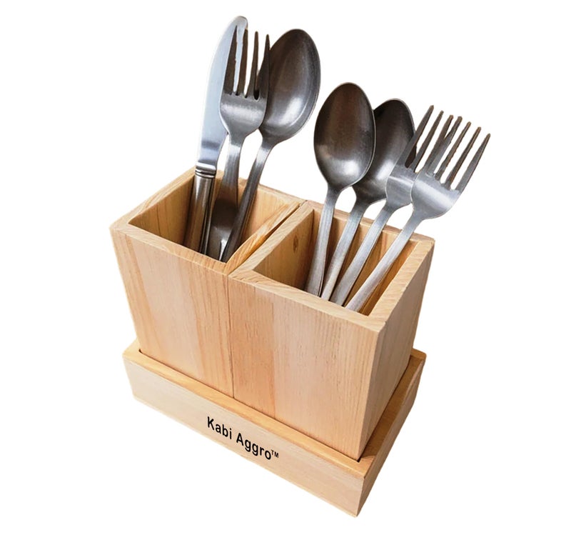 Kabi Aggro Wooden Spoon Stand Cutlery Holder for Kitchen Dining Table, 2 Compartment Kitchen Utensil Organizer with Wooden Tray Natural Pine Wood - Image 2
