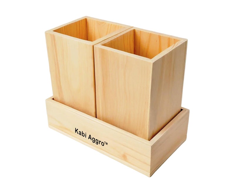 Kabi Aggro Wooden Spoon Stand Cutlery Holder for Kitchen Dining Table, 2 Compartment Kitchen Utensil Organizer with Wooden Tray Natural Pine Wood - Image 5
