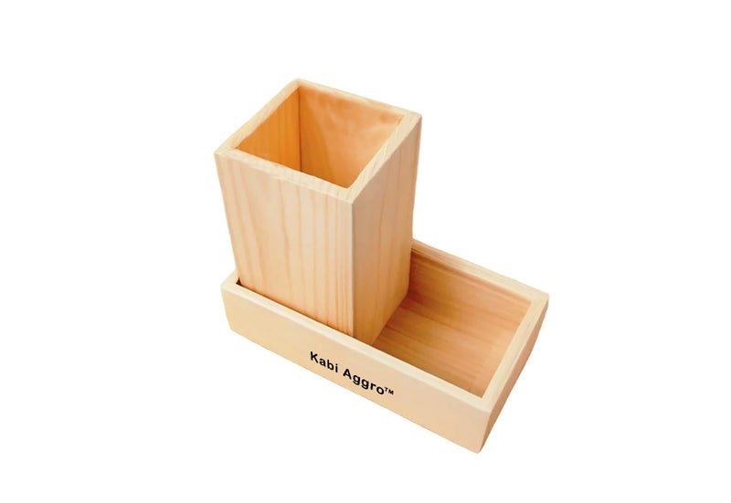 Kabi Aggro Wooden Spoon Stand Cutlery Holder for Kitchen Dining Table, 2 Compartment Kitchen Utensil Organizer with Wooden Tray Natural Pine Wood - Image 4