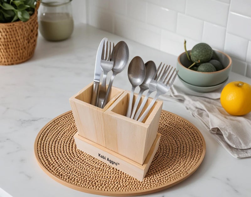 Kabi Aggro Wooden Spoon Stand Cutlery Holder for Kitchen Dining Table, 2 Compartment Kitchen Utensil Organizer with Wooden Tray Natural Pine Wood - Image 1
