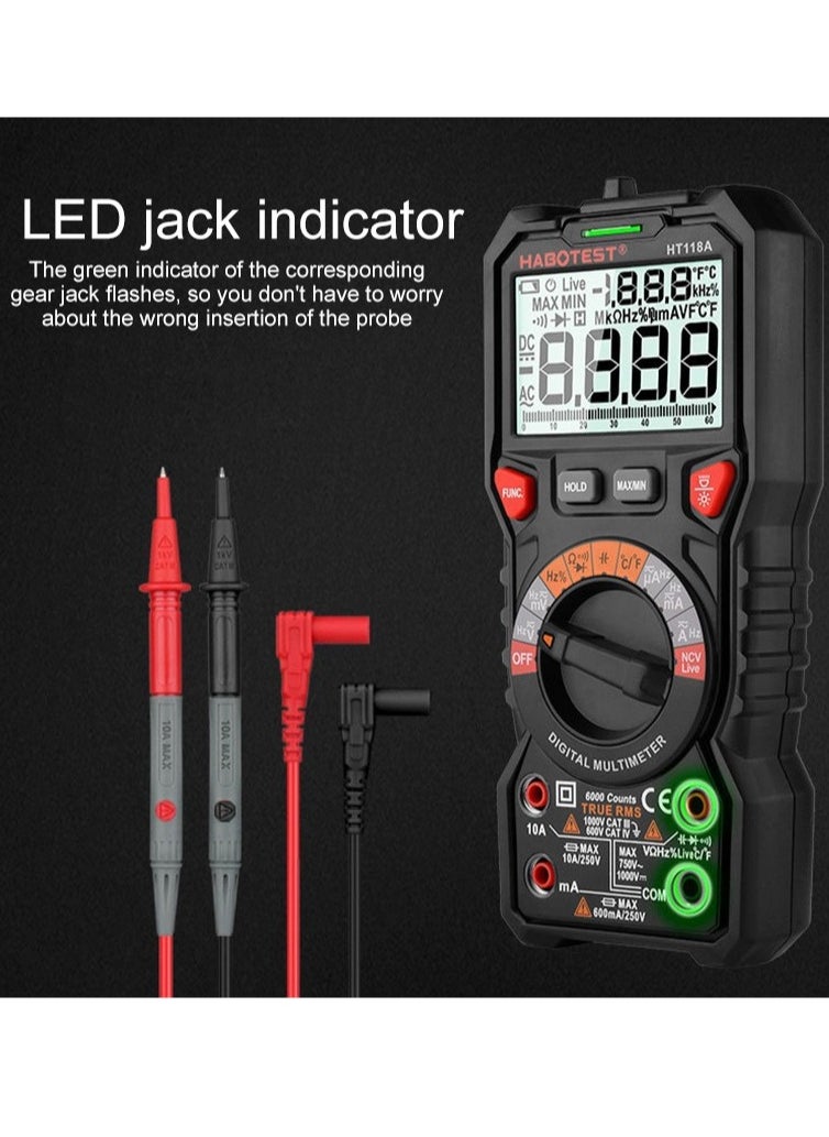 HABOTEST - Digital Multimeter TRMS 6000 Counts Ohmmeter Auto-Ranging Fast Accurately Measures Voltage Current Amp Resistance Diodes Continuity Duty-Cycle Capacitance Temperature for Automotive - Image 1