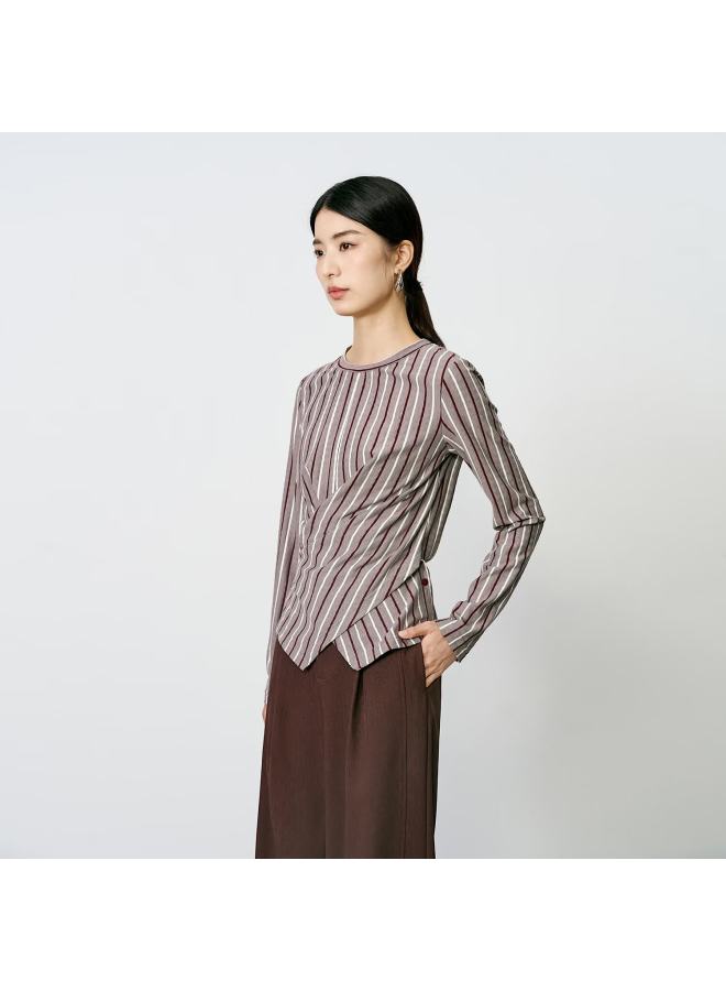Yanyee Striped Unique Knitwear Women's Autumn High-end Cross Waist Long Sleeve Top Red Stripe S - Image 1