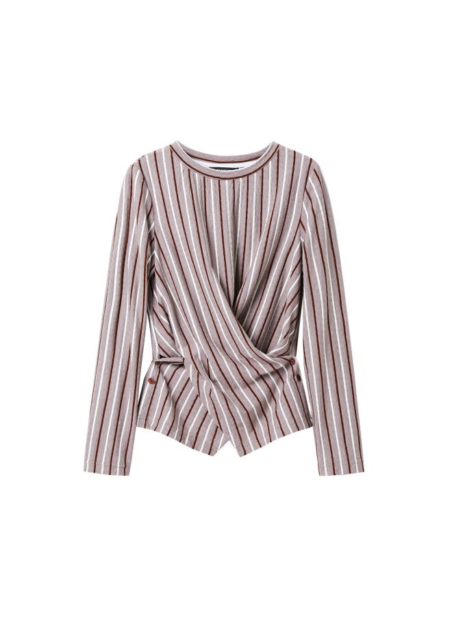Yanyee Striped Unique Knitwear Women's Autumn High-end Cross Waist Long Sleeve Top Red Stripe S - Image 3