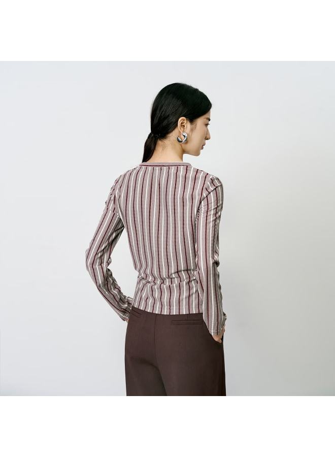 Yanyee Striped Unique Knitwear Women's Autumn High-end Cross Waist Long Sleeve Top Red Stripe S - Image 2
