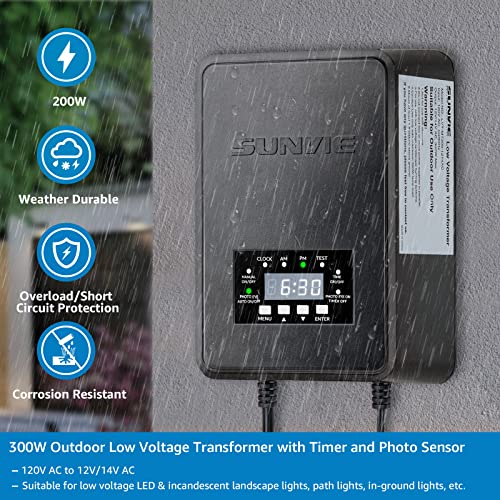 SUNVIE 300W Low Voltage Transformer with Timer and Photocell Sensor Landscape Lighting Transformer Waterproof 120V to 12V/14V AC Outdoor Low Voltage Transformers for Landscape Pathway Lights Spotlight - Image 5