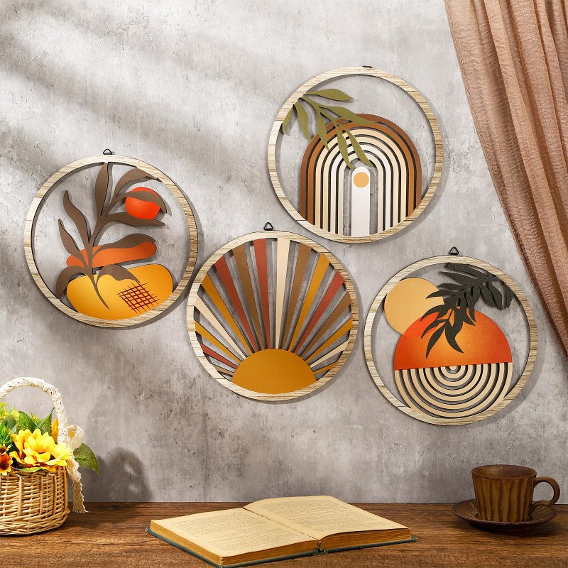 Qunclay 4 Pcs Boho Wall Art Bohemian Wooden Round Circle Wall Decor Hollow out Hanging Farmhouse Aesthetic for Bedroom Living Room Bathroom Bedroom Bathroom Patio Apartment Gift 10 Inch(Stylish) - Image 2