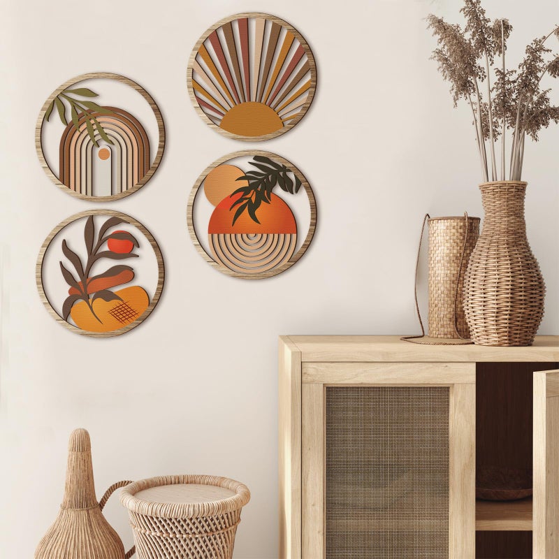 Qunclay 4 Pcs Boho Wall Art Bohemian Wooden Round Circle Wall Decor Hollow out Hanging Farmhouse Aesthetic for Bedroom Living Room Bathroom Bedroom Bathroom Patio Apartment Gift 10 Inch(Stylish) - Image 4