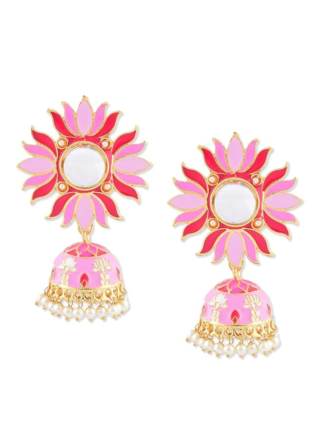 erorex Pink Lotus Meenakari Traditional Jhumki Earring For Women Zpfk9983 Onesize - Image 1