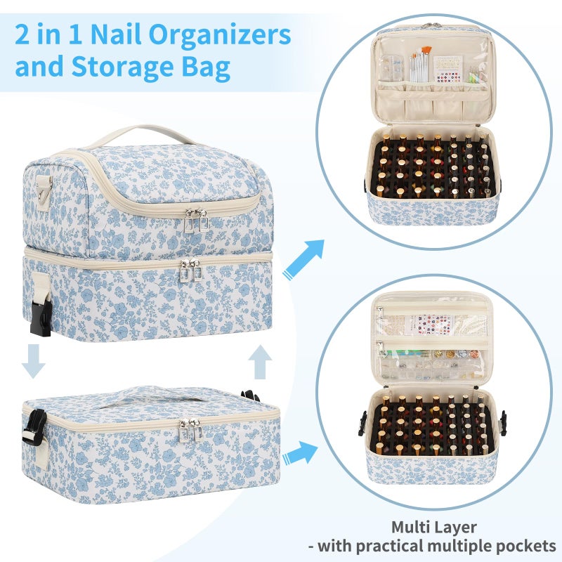 CUBETASTIC Extra Large Nail Polish Organizer - Three Layer Nail Organizers And Storage Bag, Portable Nail Supplies Organizer Case, Nail Tech Kit Travel Carrying Box with Shoulder Strap (Floral Blue, 86 Slots) - Image 5