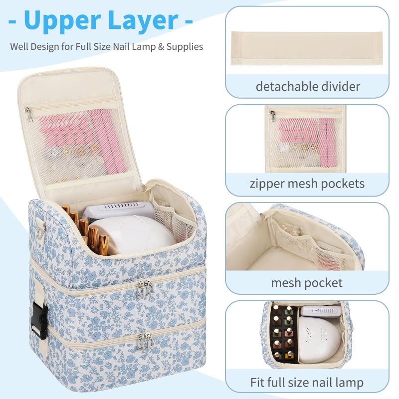 CUBETASTIC Extra Large Nail Polish Organizer - Three Layer Nail Organizers And Storage Bag, Portable Nail Supplies Organizer Case, Nail Tech Kit Travel Carrying Box with Shoulder Strap (Floral Blue, 86 Slots) - Image 4