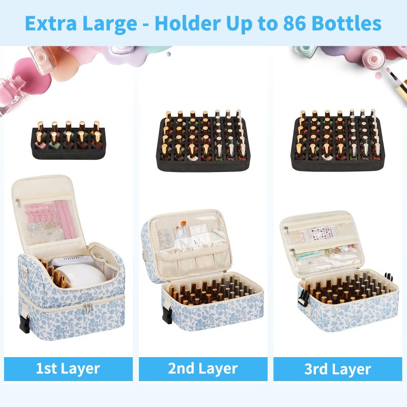 CUBETASTIC Extra Large Nail Polish Organizer - Three Layer Nail Organizers And Storage Bag, Portable Nail Supplies Organizer Case, Nail Tech Kit Travel Carrying Box with Shoulder Strap (Floral Blue, 86 Slots) - Image 3
