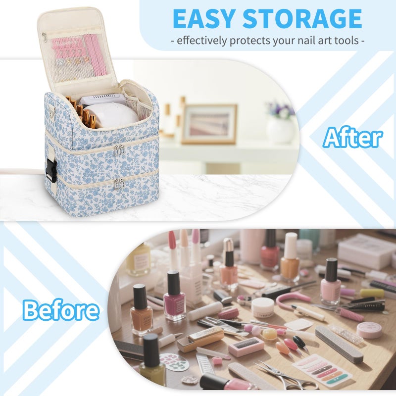 CUBETASTIC Extra Large Nail Polish Organizer - Three Layer Nail Organizers And Storage Bag, Portable Nail Supplies Organizer Case, Nail Tech Kit Travel Carrying Box with Shoulder Strap (Floral Blue, 86 Slots) - Image 2