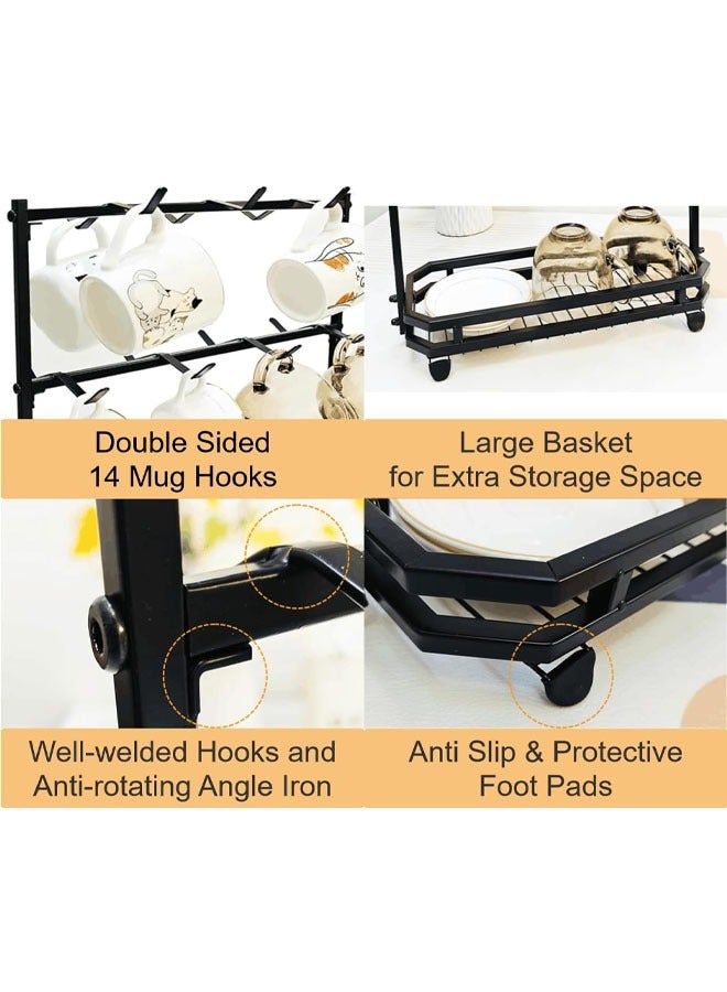 Hihonor Coffee Mug Holder, 14 Capacity Coffee Cup Holder for Countertop, 2 Tier Mug Tree Rack With Storage Basket for Coffee Pod, K Cups, Sugar Bags, Black - Image 3