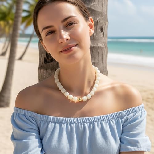 WOWORAMA Chunky Beaded Necklace for Women Trendy Cream White Statement Chunky Necklaces Large Square Resin Beads Choker Necklace Boho Summer Jewelry - Image 3