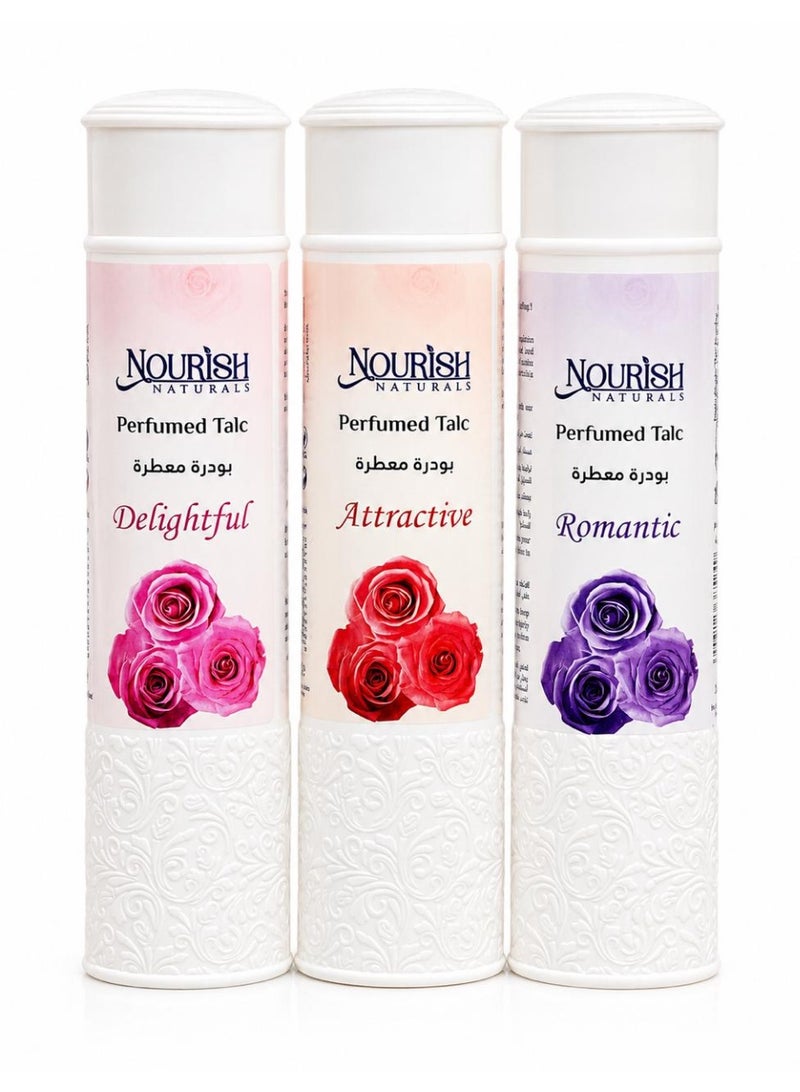 Nourish Naturals Perfumed Talcum Powder Combo Pack 3 x 250g | Body Powder for Women | Face Powder | Long Lasting Fragrance Deodorant Powder | Floral Rose Perfume Talc | Made in India