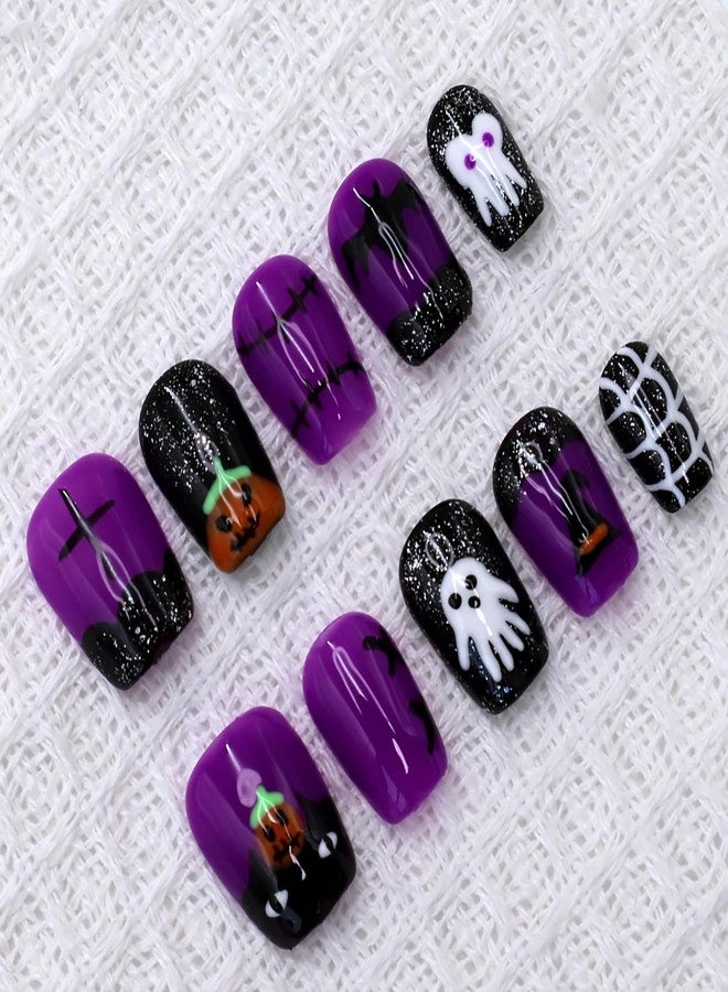 ASABITE 10Pcs Black Purple Halloween Press on Nails Short Handmade Fake Nails Scary Pumpkin Ghost False Nails with Glitter Sequin Design Halloween Square Nails Artificial Reusable Stick on Nail for Women (S) - Image 3