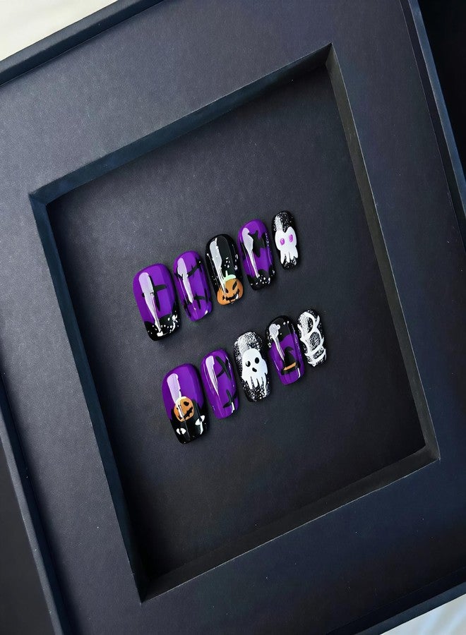 ASABITE 10Pcs Black Purple Halloween Press on Nails Short Handmade Fake Nails Scary Pumpkin Ghost False Nails with Glitter Sequin Design Halloween Square Nails Artificial Reusable Stick on Nail for Women (S) - Image 1