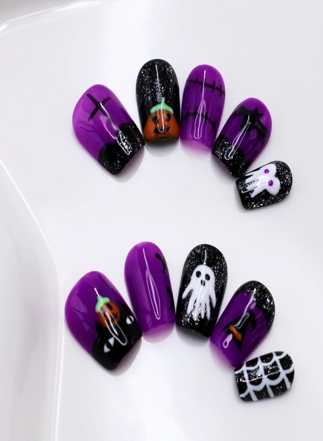 ASABITE 10Pcs Black Purple Halloween Press on Nails Short Handmade Fake Nails Scary Pumpkin Ghost False Nails with Glitter Sequin Design Halloween Square Nails Artificial Reusable Stick on Nail for Women (S) - Image 4