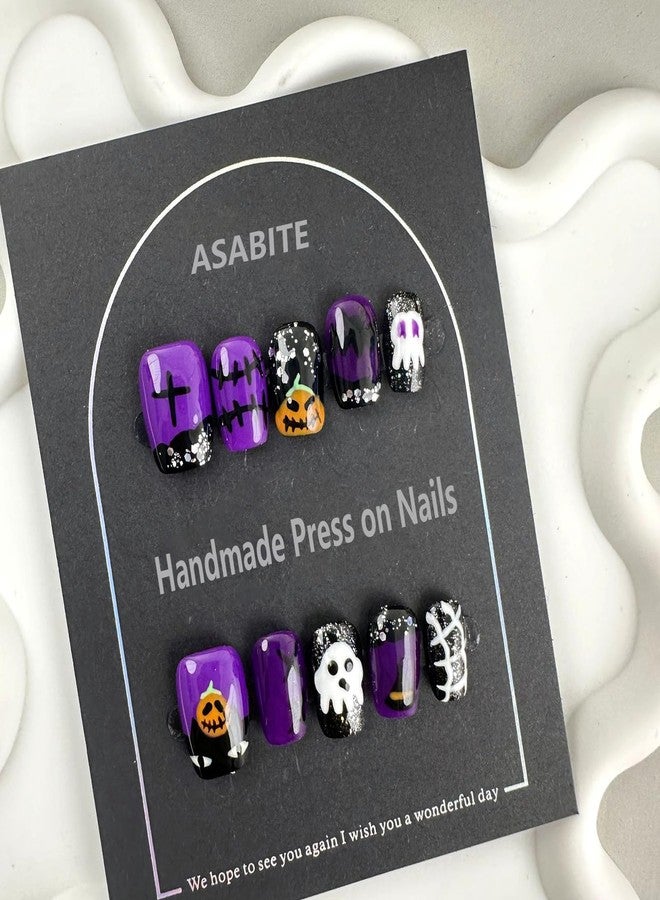 ASABITE 10Pcs Black Purple Halloween Press on Nails Short Handmade Fake Nails Scary Pumpkin Ghost False Nails with Glitter Sequin Design Halloween Square Nails Artificial Reusable Stick on Nail for Women (S) - Image 2