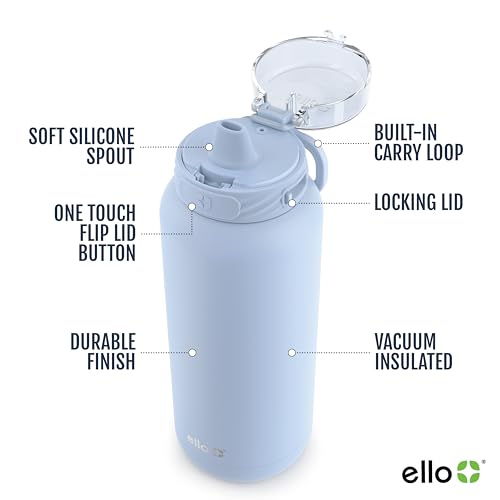Ello Cooper 32oz Stainless Steel Water Bottle with Straw and Carry Handle, Double Walled and Vacuum Insulated Metal, Leak Proof Locking Lid with Soft Silicone Spout, Reusbale, BPA Free, Halogen Blue - Image 3