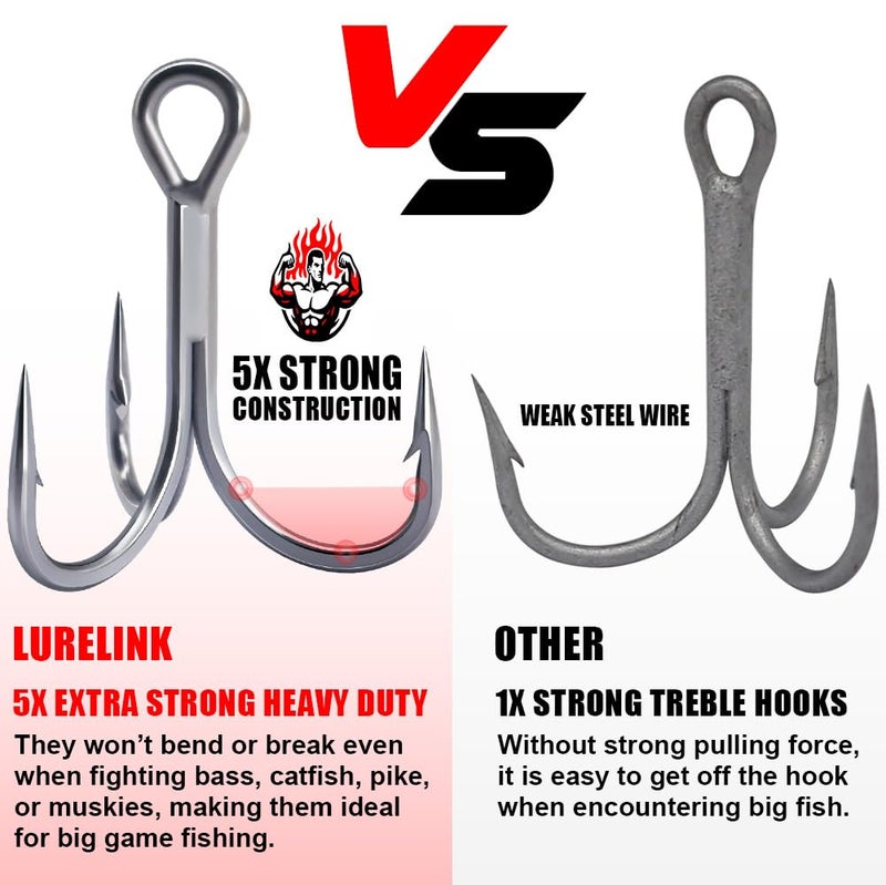 LURELINK Fishing-Treble-Hooks-5X-Extra-Strong-Heavy-Duty Ultra Anti-Rust Bulk Hooks for Saltwater and Freshwater Fishing Sizes 5/0 to #8 (5X Extra Strong, Size:4 24-Pack) - Image 3
