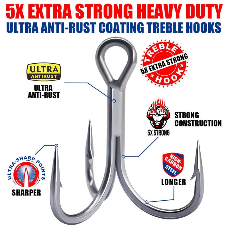 LURELINK Fishing-Treble-Hooks-5X-Extra-Strong-Heavy-Duty Ultra Anti-Rust Bulk Hooks for Saltwater and Freshwater Fishing Sizes 5/0 to #8 (5X Extra Strong, Size:4 24-Pack) - Image 2