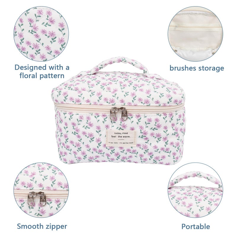 Gosect Large Makeup Bag, Cute Cosmetic Bag for Women Girls, Floral Coquette Aesthetic Toiletry Bag, Travel Make Up Organizer Bag (Purple Flower) - Image 4