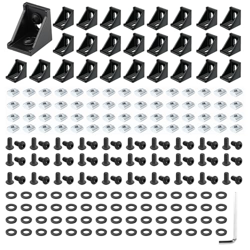 PETOX 30 Set Black 2020 Series Aluminum Extrusion Profile Connector, Includes 1pc Wrench, 30pcs 2028 Corner Bracket, 60pcs T-Slot Sliding Nuts and M5 Hex Screw Bolt for 20S Aluminum Rail Accessories - Image 1