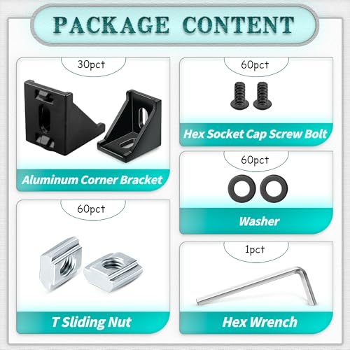 PETOX 30 Set Black 2020 Series Aluminum Extrusion Profile Connector, Includes 1pc Wrench, 30pcs 2028 Corner Bracket, 60pcs T-Slot Sliding Nuts and M5 Hex Screw Bolt for 20S Aluminum Rail Accessories - Image 3