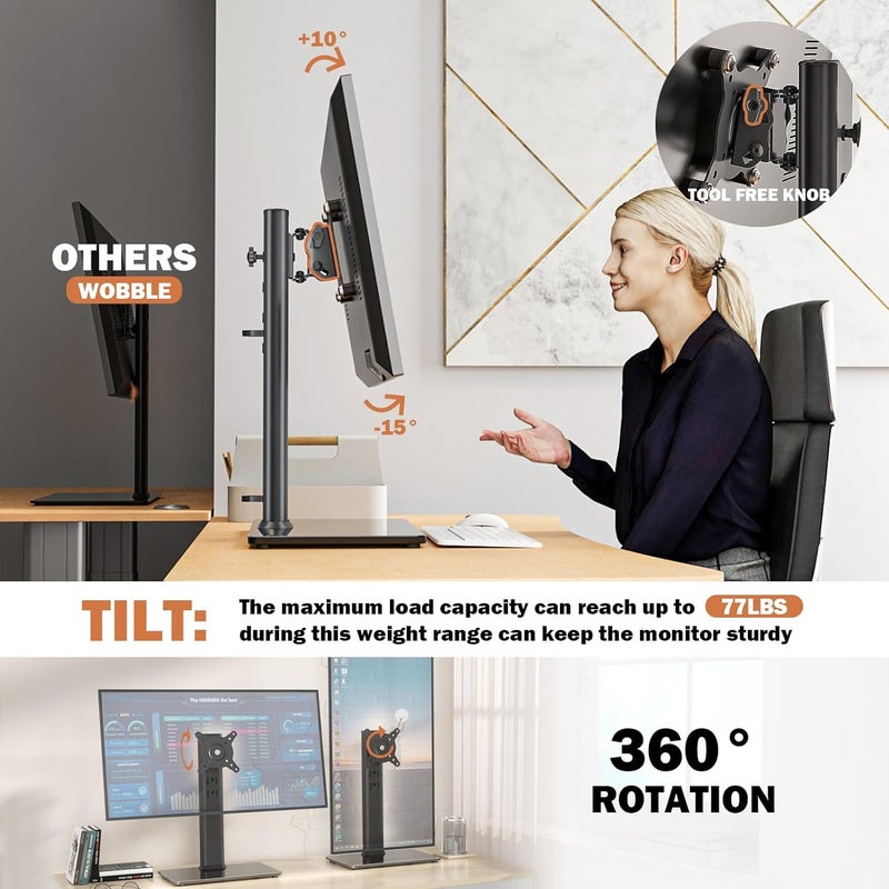 Hemudu Single LCD Computer Monitor Free-Standing Desk Stand Mount Riser for 13 inch to 32 inch screen with Swivel, Height Adjustable, Rotation, Vesa Base Stand Holds One (1) Screen up to 77Lbs(HT05B-001)) - Image 5