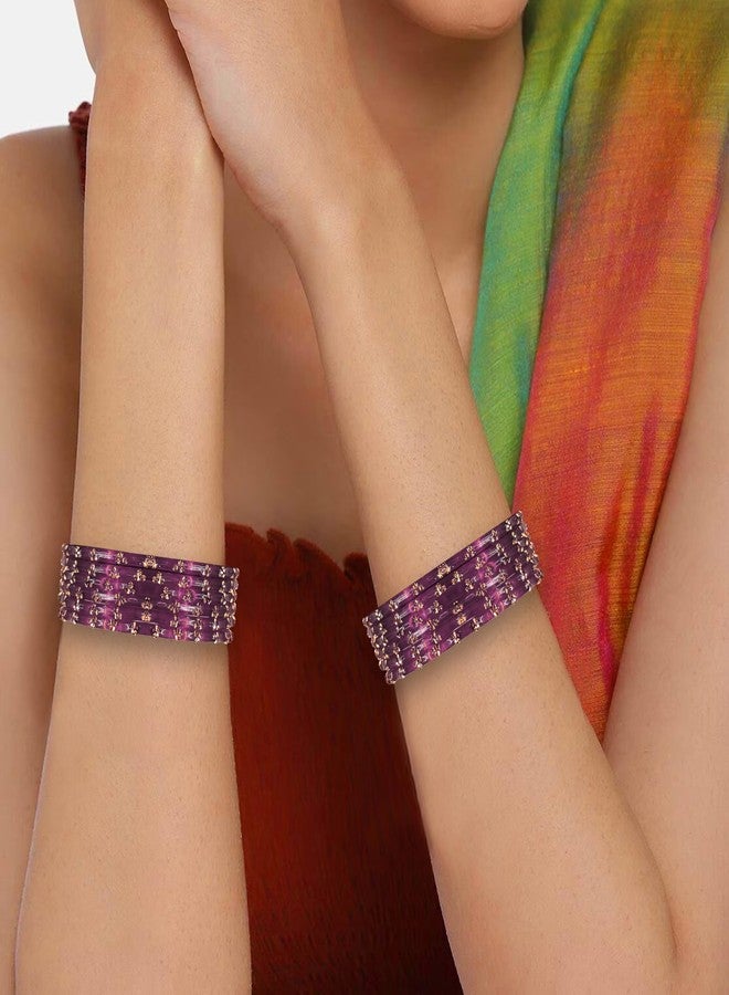 BANGLESKART Beaded Glass Bangle Set, Handmade Bangles, for Women, 12 Pieces - Wine - Image 2
